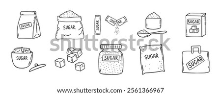 sugar doodle hand drawn icon set. Outline drawing sugar packaging, sugar cubes line clipart symbol collection. Vector illustration