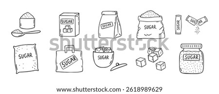sugar doodle hand drawn icon set. Outline drawing sugar packaging, sugar cubes line clipart symbol collection. Vector illustration