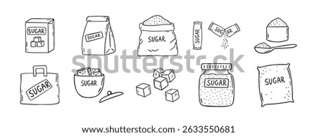 sugar doodle hand drawn icon set. Outline drawing sugar packaging, sugar cubes line clipart symbol collection. Vector illustration