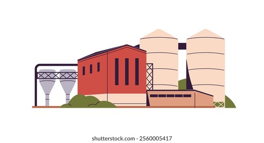 Sugar factory, refining plant with cisterns, tanks, storage bunkers. Oil, compound feed production. Manufacturing building of food industry. Flat isolated vector illustration on white background