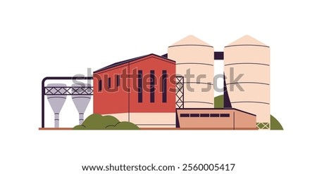 Sugar factory, refining plant with cisterns, tanks, storage bunkers. Oil, compound feed production. Manufacturing building of food industry. Flat isolated vector illustration on white background