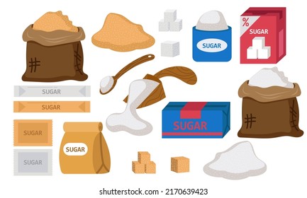 Sugar Food Pack Brown And White. Granulated Cube Block Cartoon And Icon Piece Isolated Sucrose Vector Illustration. Sweet Stick Set And Cooking Element Drawing. Farm Packaging Sack And Powder Sand