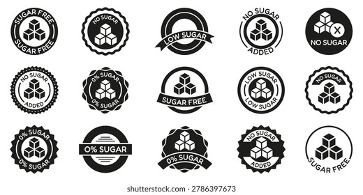 Sugar free badge collection in black style. Includes no sugar, low sugar and healthy food label designs