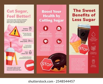 Sugar free benefits healthcare information flyer with line elements design template set isometric vector illustration. Healthy lifestyle food candy and coffee no sweet diabetic protection