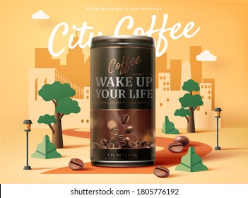 Дизайн рекламы черного кофе без сахара в 3D-иллюстрации на фоне городского городского бумажного искусства