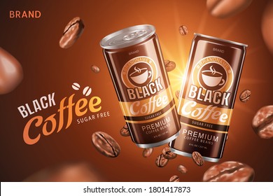 Sugar free black coffee promo design in 3d illustration with roasted coffee beans flying on brown background
