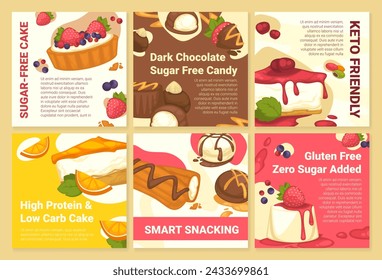 Sugar free cake, dark chocolate candy ad at post set. Social media banner design collection with keto friendly food, vector illustration. Gluten free, healthy dessert promotion at network page