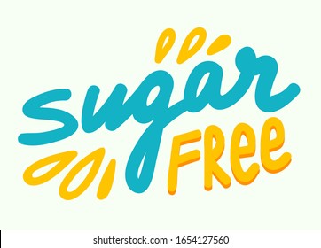 Sugar Free Concept for Banner, Healthy Food, Low Carb Nutrition, Product, Blue and Yellow Typography with Doodle Design Elements, Healthy Food, Intolerance for Glucose, Diabetes. Vector Illustration