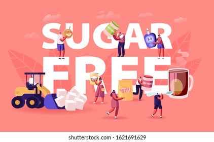 Sugar Free Concept. People Eating Natural Sweeteners Remove Cane Sugar from Nutrition Use Honey, Coconut Extract and Stevia Eco Production Poster Banner Flyer. Cartoon Flat Vector Illustration