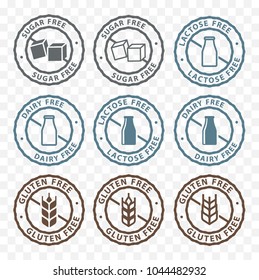 sugar free, dairy free, lactose free, gluten free packaging sticker label icons