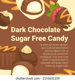 Sugar free dark chocolate candies and cookies, shop advertisements and assortment of products for sale. Soft and delicious meal with nuts and fruits, strawberry with topping. Vector in flat style