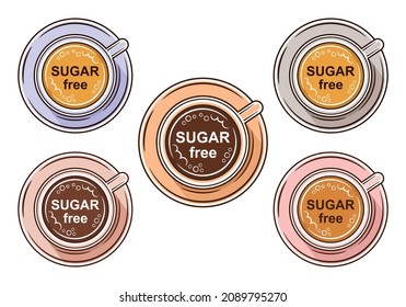 Sugar free diet coffee drink in cup icon set. Sugarless hot cacao chocolate, no sweet cappuccino, latte or fresh tea. Slimming beverage. Low calorie food weight loss. Healthy eat for diabetes. Vector