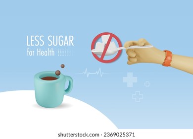 Sugar free, eat less sweet for health. Hand holding spoon of sugar cube in stop sign and coffee cup. For dieting and nourishment concept. Vector.