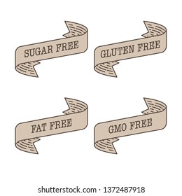 Sugar free, gluten free, gmo free, fat free label vector illustration. Vintage  line drawing ribbon isolated on white background. Hand drawn element for healthy food packaging.