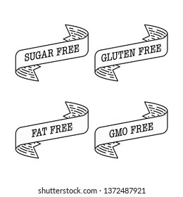 Sugar free, gluten free, gmo free, fat free label vector illustration. Vintage  line drawing ribbon isolated on white background. Hand drawn element for healthy food packaging.