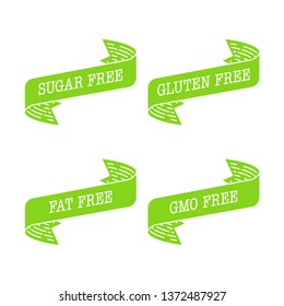 Sugar free, gluten free, gmo free, fat free label vector illustration. Vintage  line drawing ribbon isolated on white background. Hand drawn element for healthy food packaging.