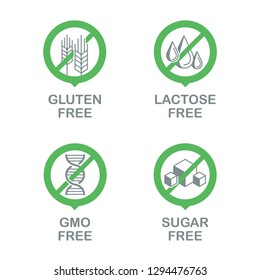 Sugar free, Gluten free, Lactose free, GMO free - set of vector attention signs - food cover tags for healthy natural organic nutrition