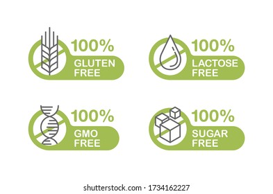 Sugar free, Gluten free, Lactose free, GMO free stamp - food packaging  decoration element for healthy natural organic nutrition