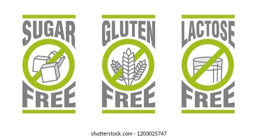 Sugar free, Gluten free, Lactose free - set of vector attention tags - food cover decoration element for healthy nutrition