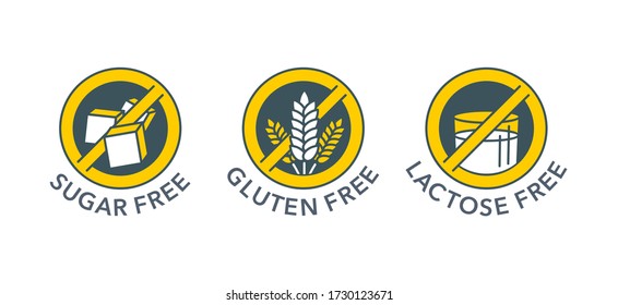 Sugar free, Gluten free, Lactose free - set of vector marking tags - food cover decoration elements for healthy nutrition products packaging