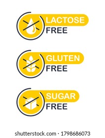 Sugar free, Gluten free, Lactose free set of vector attention badges - food cover decoration element for healthy nutrition products packaging