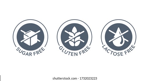 Sugar free, Gluten free, Lactose free stamps set - vector packaging marking tags - food cover decoration elements for healthy nutrition products 