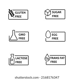 Sugar free gmo free egg free lactose free set sticker and icon. Allergen sign