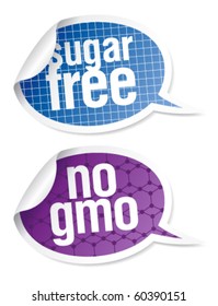 Sugar free and GMO free food stickers set in form of speech bubbles.