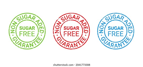 Sugar free grunge stamp, icon. No sugar added label. Diabetic round emblem. Green red blue seal imprints isolated. Sticker for package product on white background. Guarantee badge. Vector illustration