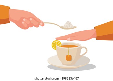 Sugar free. Human gesture hand refuses to sweet. No sugar. Harmful product. Healthy lifestyle. Vector illustration flat design. Isolated on white background.
