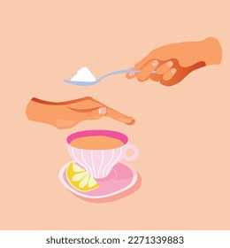 Sugar free. Human gesture hand refuses to sweet. No sugar. Harmful product. Healthy lifestyle. Illustration flat design. Isolated on a sandy background.	