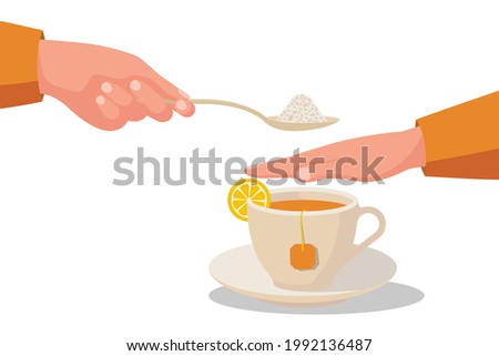 Sugar free. Human gesture hand refuses to sweet. No sugar. Harmful product. Healthy lifestyle. Vector illustration flat design. Isolated on white background.