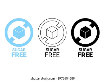 Sugar free icon. Sugar cube in circle sign. No sugar added product package design. Blue, outline and black sugar free food symbol. Vector label