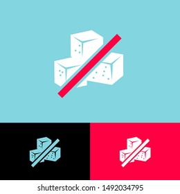 Sugar free icon. Simple linear icon. three pieces of sugar are crossed out by a red line.