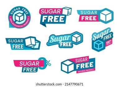 Sugar free icons and labels, low and zero sugar food, stamps, vector sighs. No added sugar product signs and tags for low calorie natural sweet food and zero sugar free
