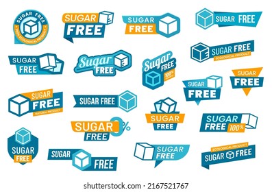 Sugar free icons and labels, zero sweet food and product vector signs. Low or 100 percent no added sugar icon and tags for low calorie natural sweet food and sugar free healthy eating