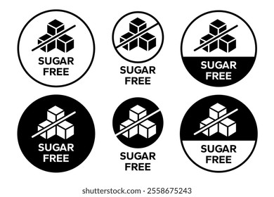 Sugar free icons. Zero sugar label. Set allergen free icons. Allergen free products. Sugar free logo, label, badge, sticker, symbol, emblem, black, circle, line, vector, isolated illustration.