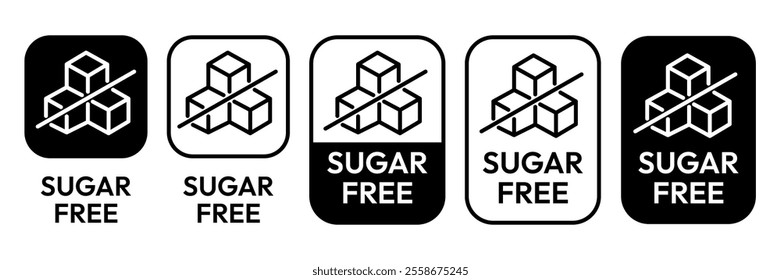 Sugar free icons. Zero sugar label. Set allergen free icons. Allergen free products. Sugar free logo, label, badge, sticker, symbol, emblem, black, circle, line, vector, isolated illustration.