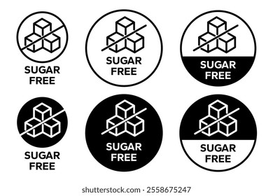 Sugar free icons. Zero sugar label. Set allergen free icons. Allergen free products. Sugar free logo, label, badge, sticker, symbol, emblem, black, circle, line, vector, isolated illustration.