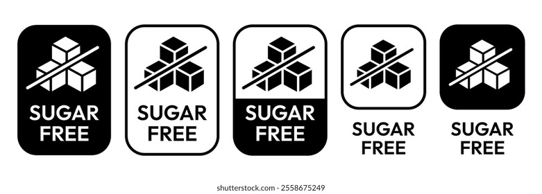 Sugar free icons. Zero sugar label. Set allergen free icons. Allergen free products. Sugar free logo, label, badge, sticker, symbol, emblem, black, circle, line, vector, isolated illustration.