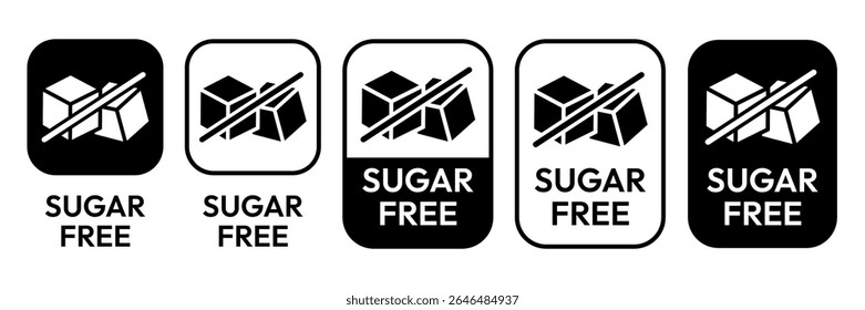 Sugar free icons. Zero sugar label. Set allergen free icons. Allergen free products. Sugar free logo, label, badge, sticker, symbol, emblem, black, circle, line, vector, isolated illustration.