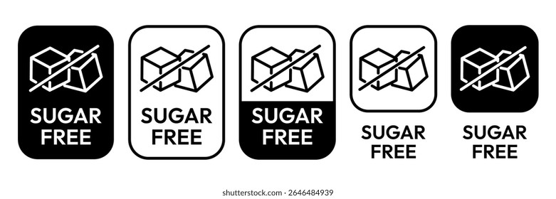 Sugar free icons. Zero sugar label. Set allergen free icons. Allergen free products. Sugar free logo, label, badge, sticker, symbol, emblem, black, circle, line, vector, isolated illustration.