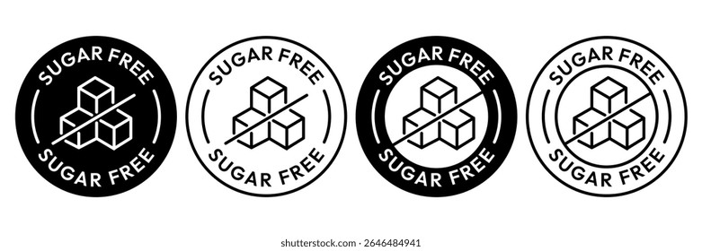Sugar free icons. Zero sugar label. Set allergen free icons. Allergen free products. Sugar free logo, label, badge, sticker, symbol, emblem, black, circle, line, vector, isolated illustration.