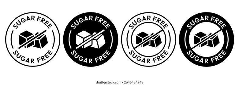 Sugar free icons. Zero sugar label. Set allergen free icons. Allergen free products. Sugar free logo, label, badge, sticker, symbol, emblem, black, circle, line, vector, isolated illustration.