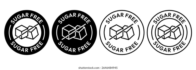 Sugar free icons. Zero sugar label. Set allergen free icons. Allergen free products. Sugar free logo, label, badge, sticker, symbol, emblem, black, circle, line, vector, isolated illustration.
