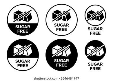 Sugar free icons. Zero sugar label. Set allergen free icons. Allergen free products. Sugar free logo, label, badge, sticker, symbol, emblem, black, circle, line, vector, isolated illustration.