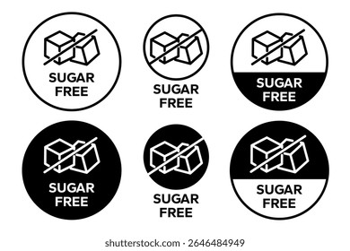 Sugar free icons. Zero sugar label. Set allergen free icons. Allergen free products. Sugar free logo, label, badge, sticker, symbol, emblem, black, circle, line, vector, isolated illustration.