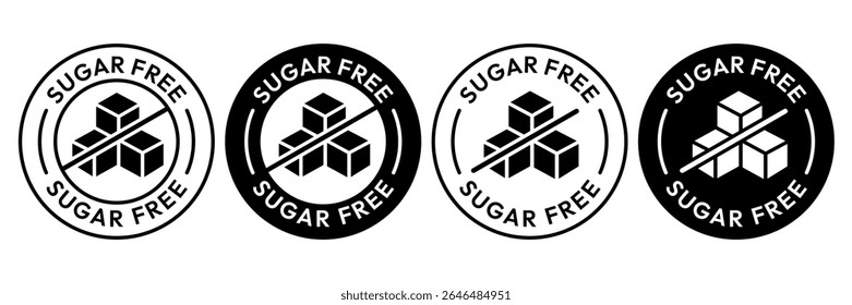 Sugar free icons. Zero sugar label. Set allergen free icons. Allergen free products. Sugar free logo, label, badge, sticker, symbol, emblem, black, circle, line, vector, isolated illustration.