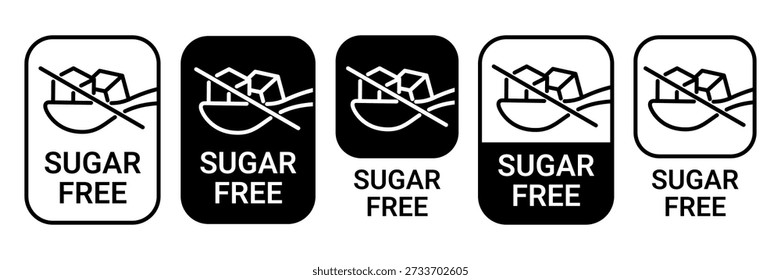 Sugar free icons. Zero sugar label. Set allergen free icons. No sugar. Sugar free logo, label, badge, sticker, symbol, emblem, black, circle, line, vector, isolated illustration.