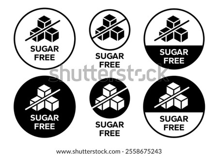 Sugar free icons. Zero sugar label. Set allergen free icons. Allergen free products. Sugar free logo, label, badge, sticker, symbol, emblem, black, circle, line, vector, isolated illustration.
